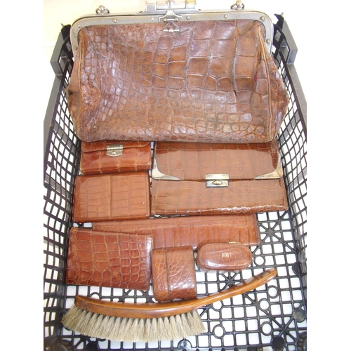 54 - Selection of 19th/20th C crocodile skin bags, travelling items, purses etc including silver mounted