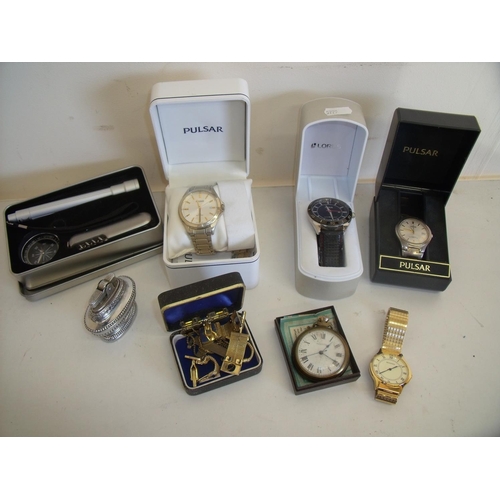 55 - Selection of various gents wrist watches mostly Pulsar, Sekonda etc , pocket watch, table lighter, c... 