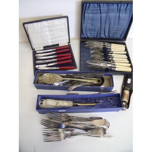 62 - Selection of various plated cutlery, other plated ware, a sheath knife etc.