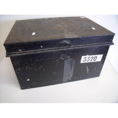 63 - Military style japed metal rectangular small trunk with twin carrying handles and hinged top, the lo... 