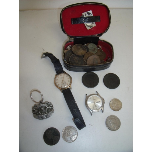 68 - Small case containing a selection of various fobs, watches and GB coinage including two cartwheel pe... 