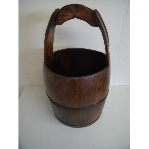 69 - Early - mid 20th C elm well type bucket with wrought metal straps (58cm high)