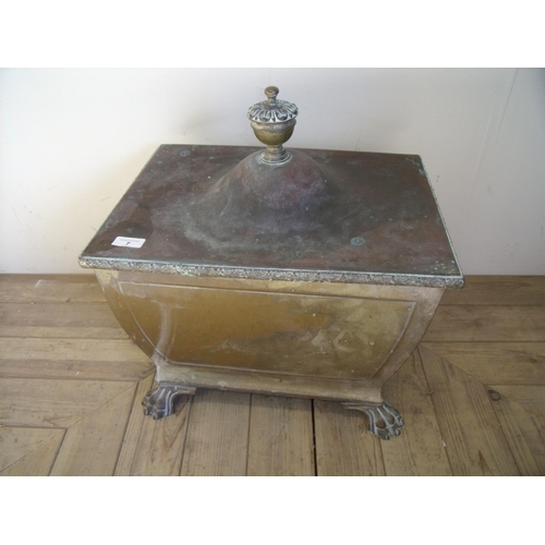 7 - Early 20th C rectangular coal box with lift off lid on raised lion paw feet, with lion mask handles ... 