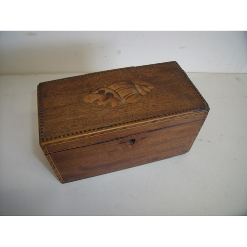 71 - Early 19th C mahogany inlaid two sectional tea caddy with shell motif to the top (20.5cm x 10cm x 11... 