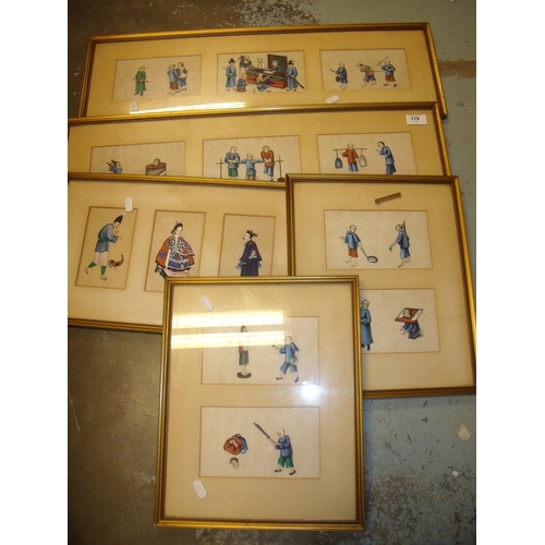 179 - Set of five framed and mounted Chinese/Japanese rice paper style paintings and art works, mostly dep... 