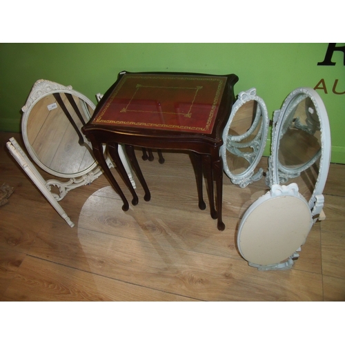 450 - Two cream painted three sectional dressing table mirrors and a nest of three mahogany occasional tab... 