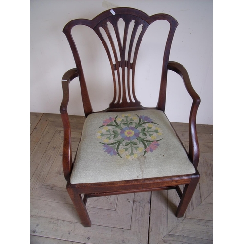 466 - 19th C mahogany framed armchair with drop-in wool work seat and H shaped under stretcher