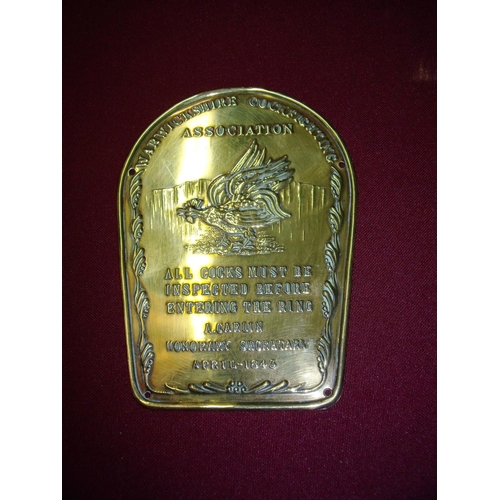 21 - Pressed brass plaque for Warwickshire Cock Fighting Association (9cm x 12cm)