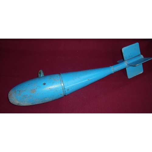 34 - Blue painted aerial four tail fin drill bomb with hanging bracket