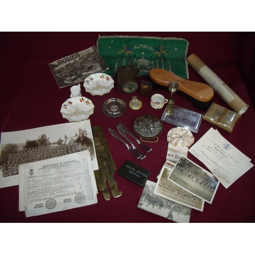 39 - Box containing a large selection of various military related items including brass button slides, fi... 