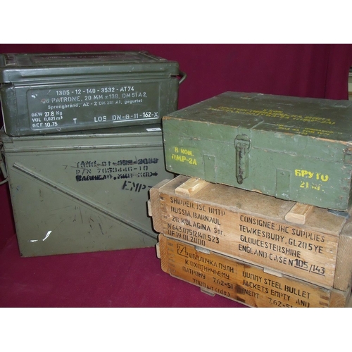 44 - Collection of various ammo & munition wooden & tin casings including British and foreign issue mine ... 