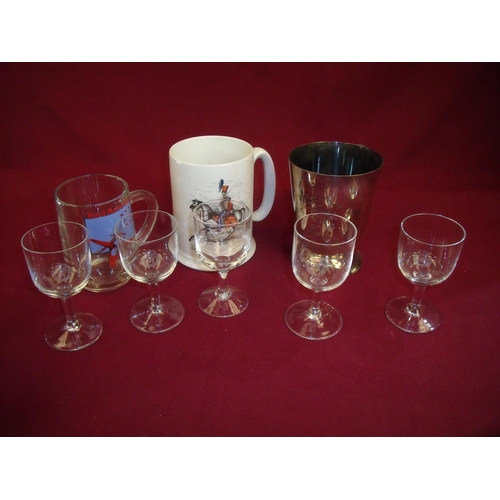 56 - Selection of military related tankards and glassware including five port glasses with RAF crest, sil... 