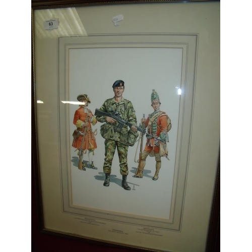 63 - Framed and mounted watercolour of the Kings Regiment dating from 1685 - 1985 (50cm x 64cm)