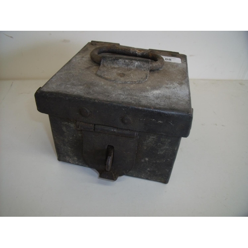 55 - 19th C steel strongbox with heavy swing handle and lock plate (17.5cm x 18cm x 14cm)