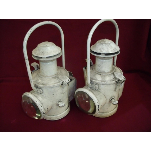 2 - Pair of BR white painted railway lamps with bullseye glass lenses stamped BR to the necks