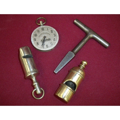 34 - Two rail guard whistles, one stamped NER a NER & Co door key and part of a railway regulator pocket ... 