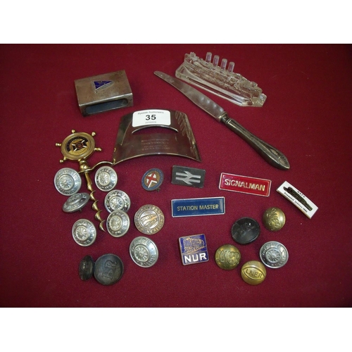 35 - Railway buttons, plaque, flatware stamped LNER, badges and related items