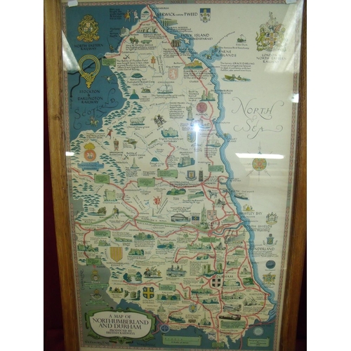 6 - Oak framed map of Northumberland and Durham produced by British Railways designed and drawn by Lance... 
