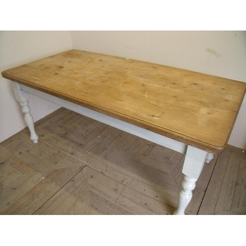 380 - Pine refectory style table with painted base and turned supports (length 180cm)