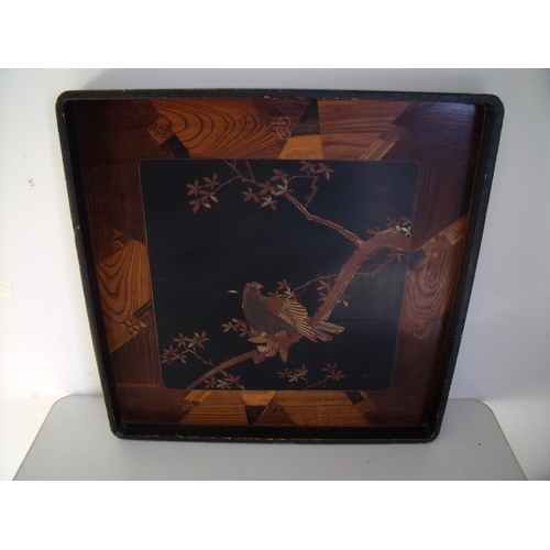 15 - 19th/20th C large marquetry and lacquered Japanese tray depicting hawk in landscape setting
