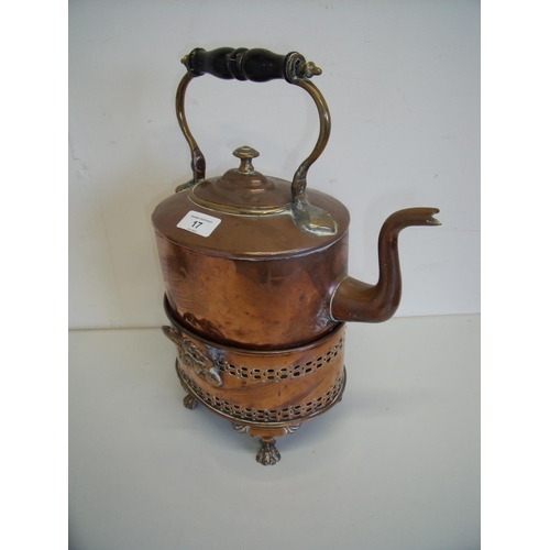 17 - Victorian copper kettle with turned ebonised wood handle and heated samovar type base, with twin han... 