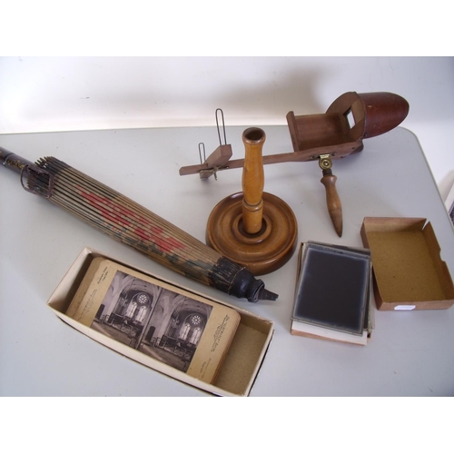 18 - Oriental style paperwork parasol, a stereoscopic slide viewer on turned wood stand and a selection o... 