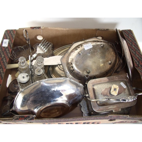23 - Large selection of various plated ware in one box including cruet set, tea set etc