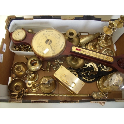 25 - Large selection of brassware including candlesticks, clock, horse brasses on leathers etc in one box