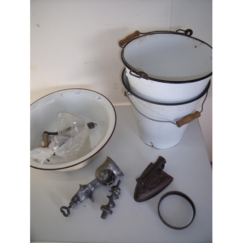 27 - Two enamel buckets, a large enamel pail, flat iron, mincer etc