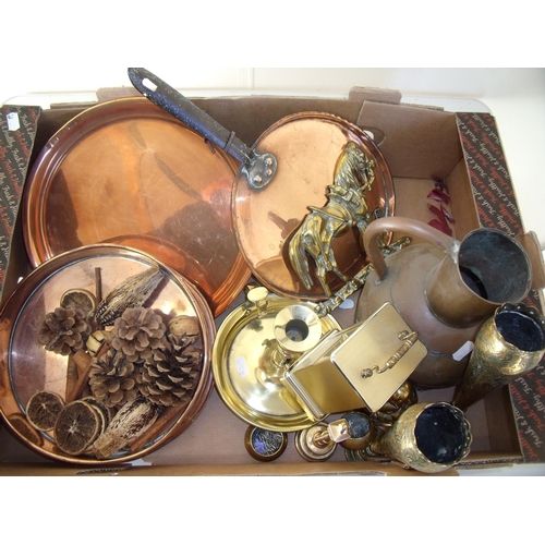 3 - Selection of copper and brassware in one box including 19th C country house style pan lid, brass fig... 