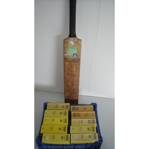 32 - Vintage Clubman cricket bat and a collection of Wisden Cricketers Almanack from 1970/80s