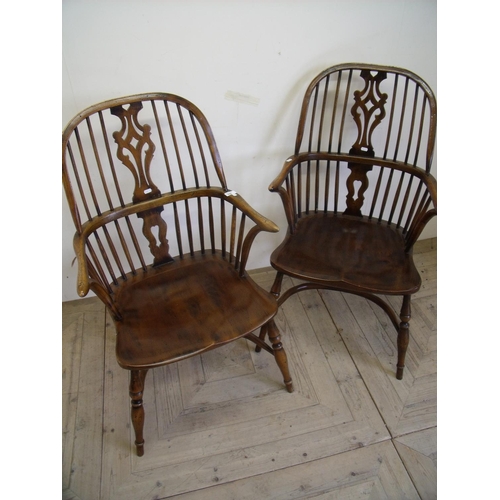 330 - Pair of quality reproduction elm Windsor stick back armchairs with crinoline under stretcher and tur... 