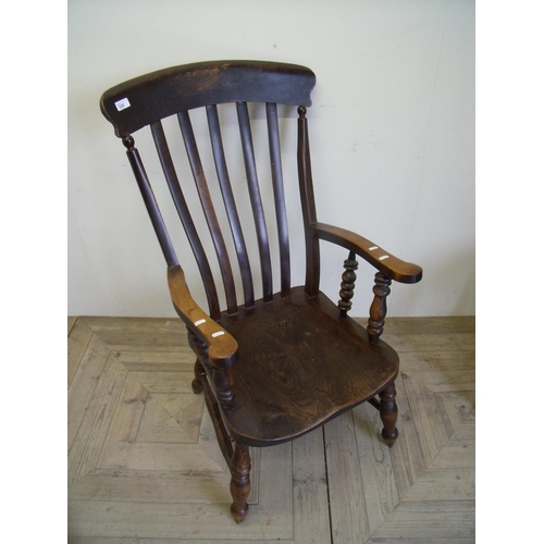 335 - Late Victorian beech farmhouse style slat back armchair on turned supports and double H shaped under... 