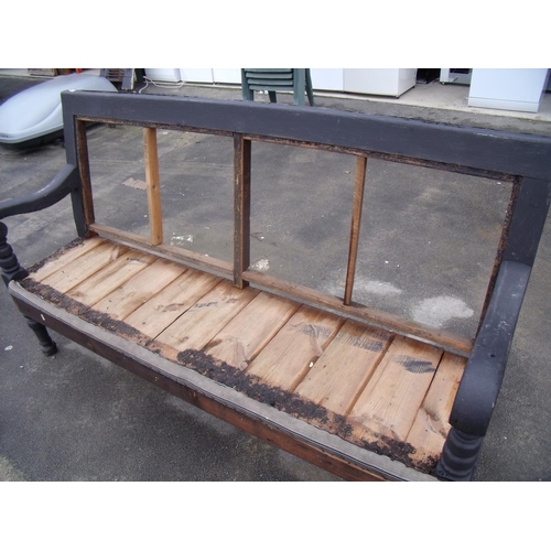 337 - Victorian hall bench with ebonised type frame and turned supports, for re-upholstery (width 180cm)