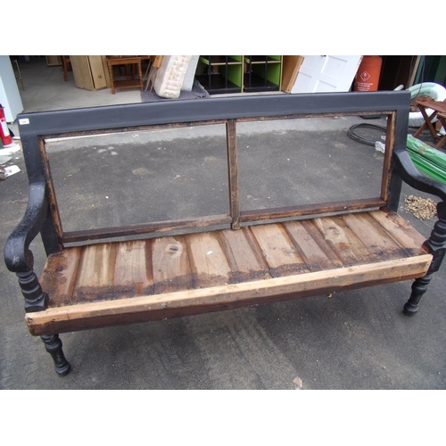 338 - Victorian hall bench with ebonised type frame and turned supports, for re-upholstery (width 180cm)