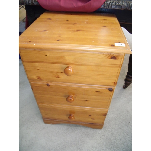 357 - Small modern three drawer pine chest (47cm x 44cm x 69cm) and another low pine chest with two short ... 