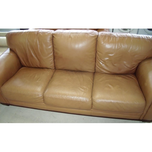 381 - Tan leather three seat sofa (width 220cm)