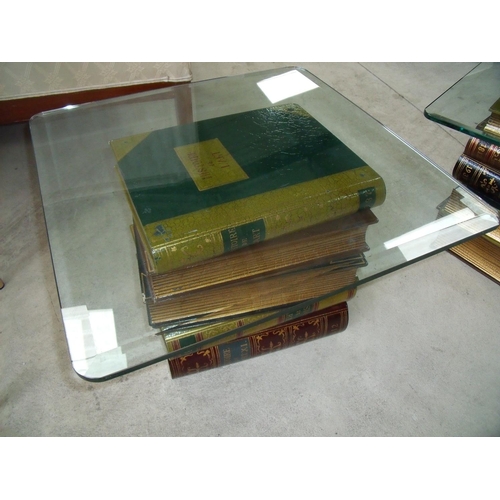 387 - Pair of modern square glass top occasional tables with faux book supports (60cm x 60cm)