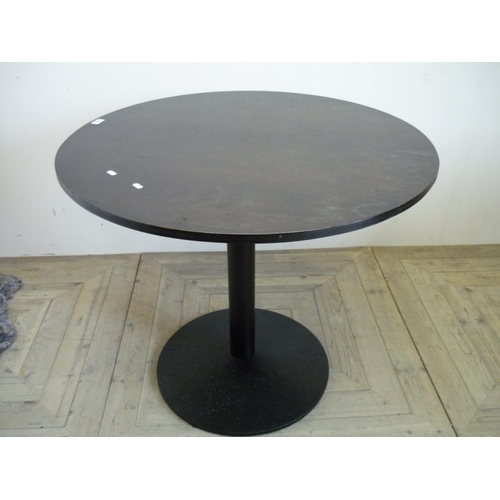 395 - Circular bar/café table with wooden top and cast metal base (diameter 90cm)