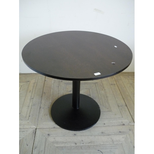 397 - Circular bar/café table with wooden top and cast metal base (diameter 90cm)