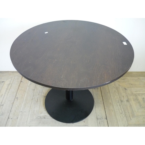 398 - Circular bar/café table with wooden top and cast metal base (diameter 90cm)