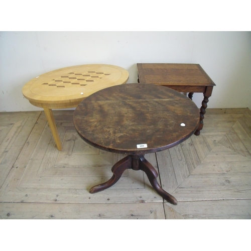 399 - Early 19th C circular walnut occasional table with pedestal base, an oak barley twist occasional tab... 