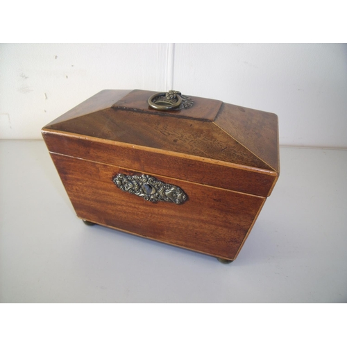4 - 19th C mahogany & boxwood strung tea caddy on raised bun feet (19.5cm x 11.5cm x 13.5cm)