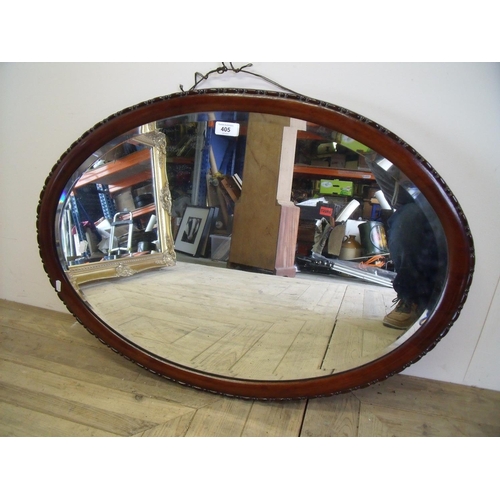 405 - Early 20th C bevelled edge over mirror with mahogany beaded frame (width 83cm0