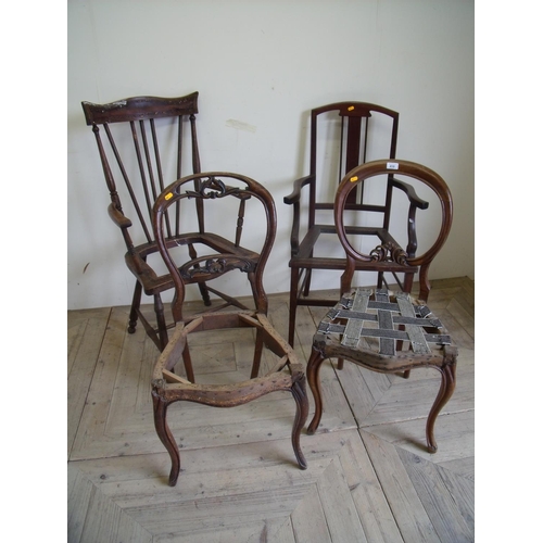 410 - Two Victorian balloon back chairs with cabriole legs, a spindle back armchair and a Edwardian inlaid... 