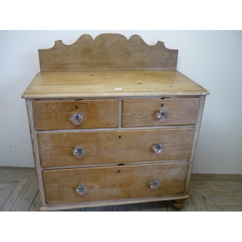 413 - Victorian pine chest with glass handles and raised shaped back