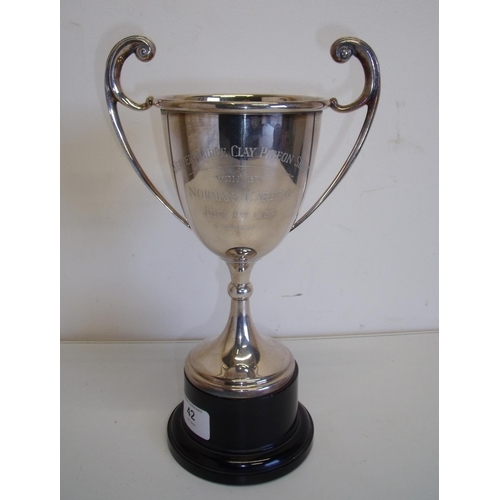 42 - Silver plated trophy for Weaverthorpe Clay Pigeon Shoot Won by Norman Carter June 2nd 1962