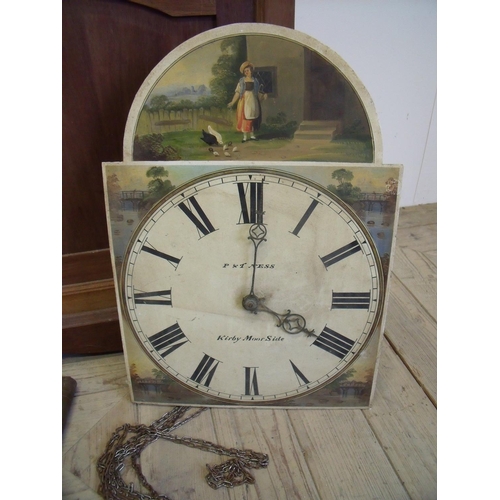 422 - 19th C 30 hour long case clock face dial and movement painted with figures & landscape scene by P & ... 