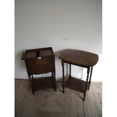 424 - Early 20th C oak night stand/pot cupboard with barley twist supports and a similar side table