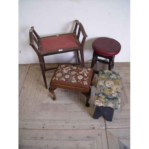 428 - Early 20th C piano stool, oak stool, walnut footstool with tapestry top and a rustic made milking st... 